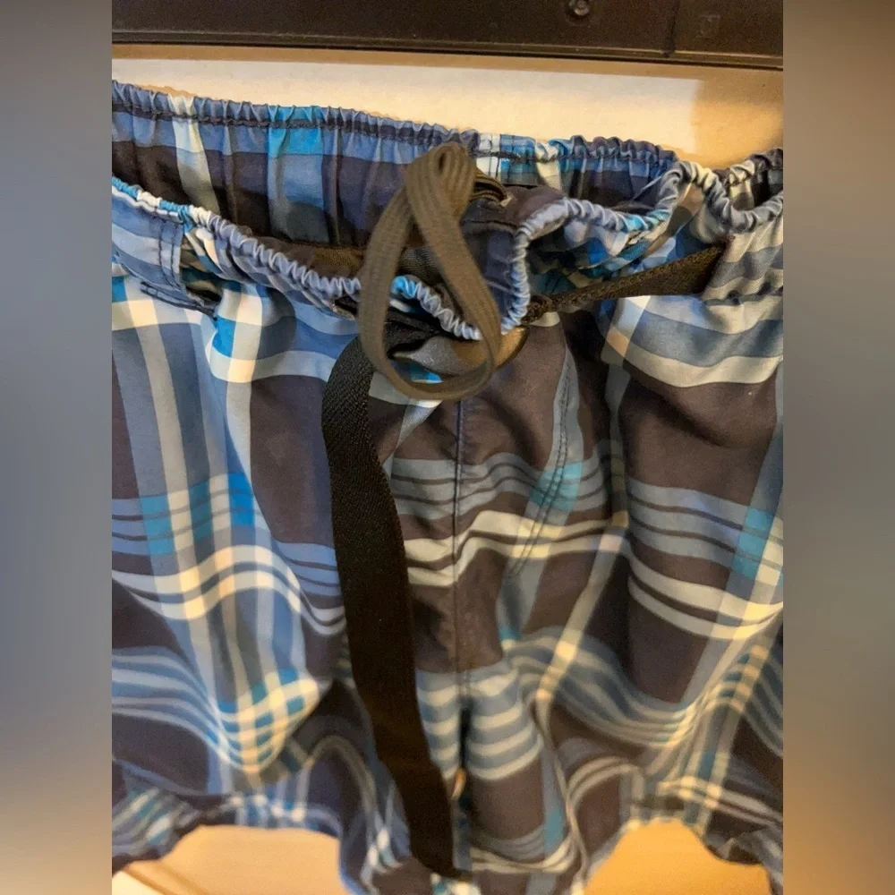 The North Face Navy and Light Blue Plaid Swim Shorts
